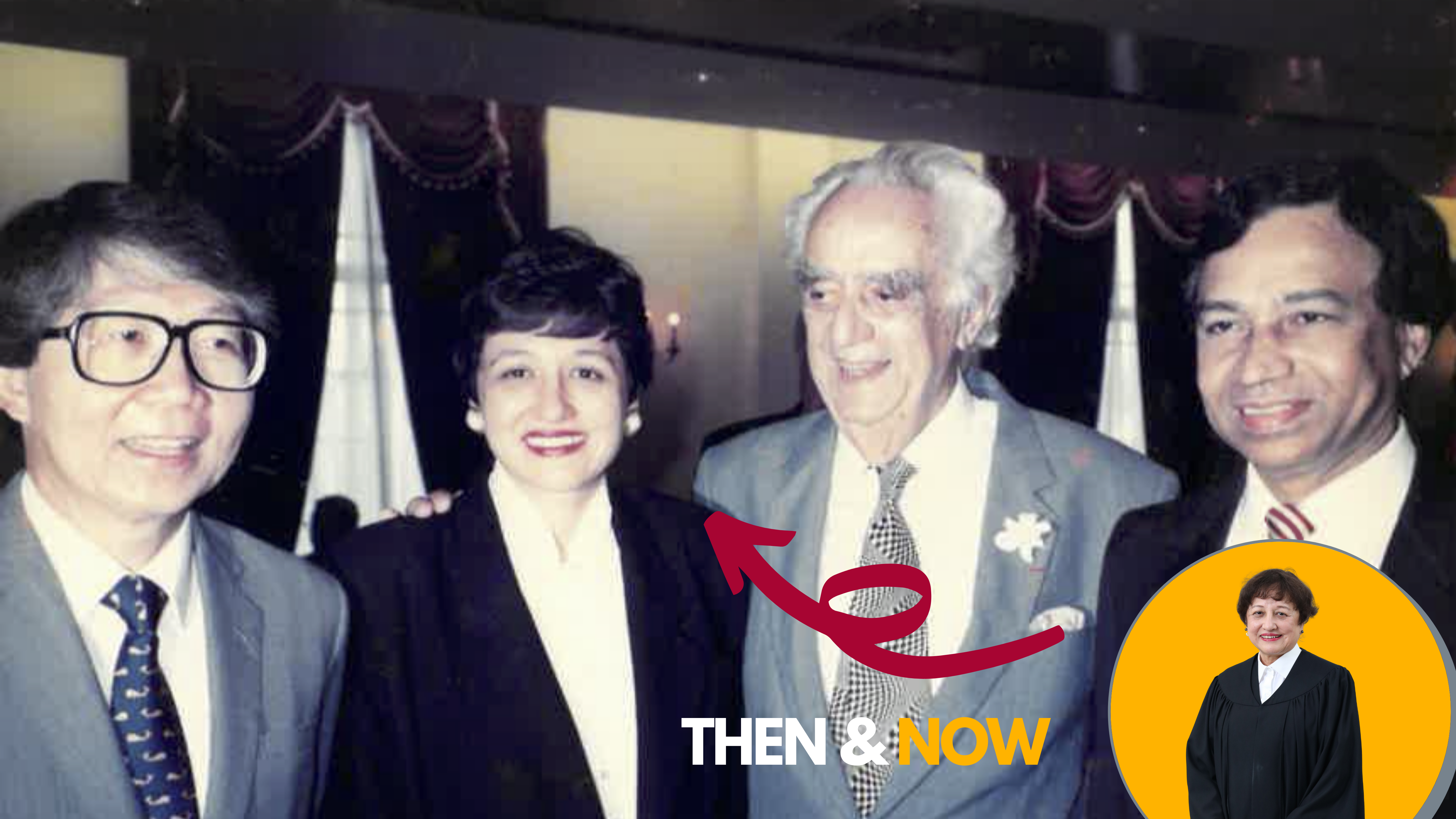 A photograph taken in the early 1990s when Justice Prakash was serving as Judicial Commissioner. It was taken in the restaurant of the Academy of Law, then in City Hall.  From left: Prof Tommy Koh who was dean of the NUS Faculty of Law when Justice Prakash was a law student, Justice Judith Prakash, Mr David Marshall who was her pupil master and a legal giant, and Justice MPH Rubin whom Justice Prakash first got to know during her pupillage as he was then working with David Marshall. (Credit: Justice Prakash)